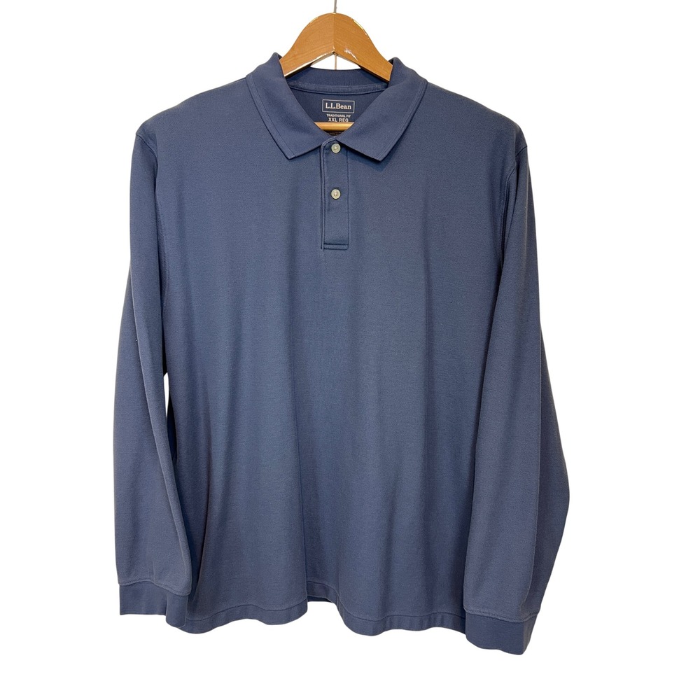 LL Bean Polo Shirt Mens XXL Blue Long Sleeve Pique Cotton Traditional Fit G37